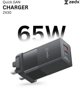 ZedX Z430 65W GaN Fast Charger – Dual Port USB-C & USB-A (UK Plug)