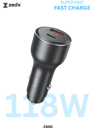 ZedX Z450 118W Super Fast Car Charger – Dual Port USB-C & USB-A