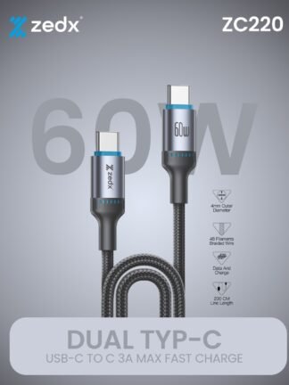 ZedX ZC220 60W USB-C to USB-C Fast Charging Cable – 2M, Braided, Data & Charge
