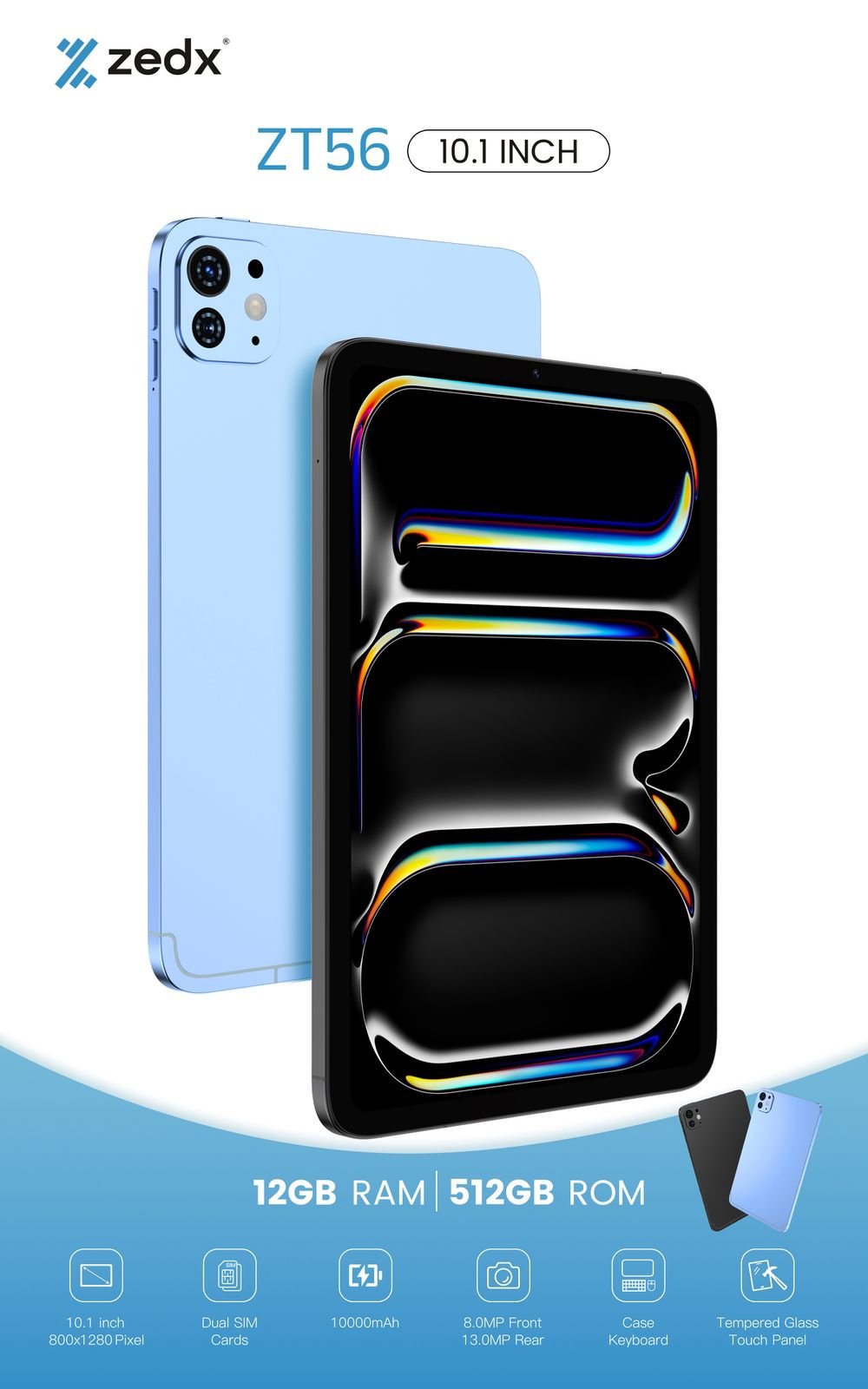 ZEDX ZT56 5G Tablet PC | 10.1 Inch | Android 15 | Octa-Core | 8MP + 13MP Camera | 10000mAh | Dual SIM | 5G Wi-Fi | Free Accessories - Image 2